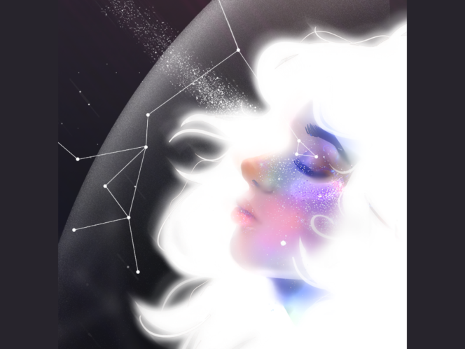 An illustration of a woman's face wreathed in glowing white hair. She is set upon a backdrop of stars and a looming moon.