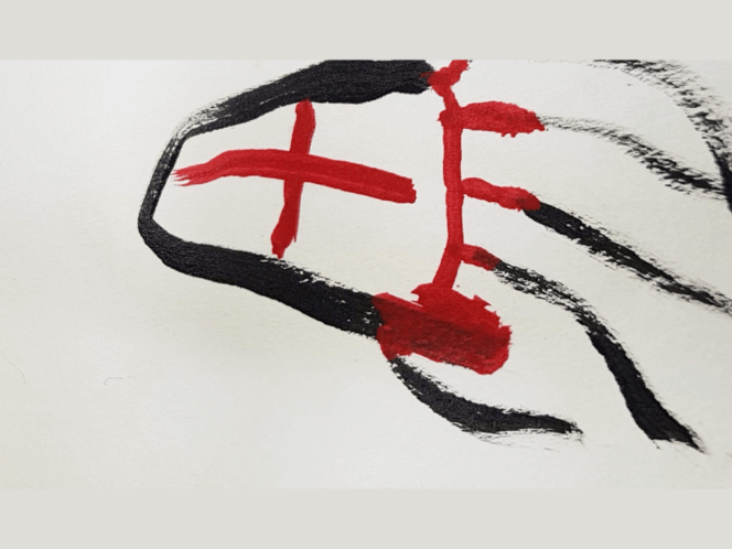 An illustration of a red and black bear paw in the style of a medicine wheel