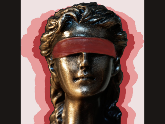 Bronze bust of Lady Justice wearing a red blindfold. Red-hued outlines behind her face almost resemble the silhouettes of women in profile.