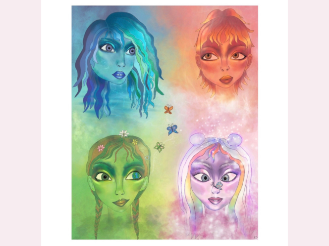 A digital art piece of the Four Elements personified as faces. Water is blue, Fire is orange, Earth is green, and Air is pastel.
