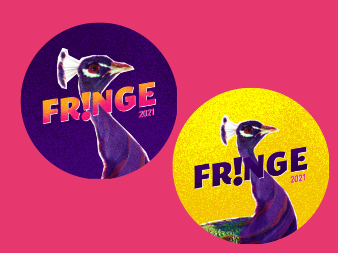 Both fringe 2021 buttons, once yellow and one purple, on a pink background