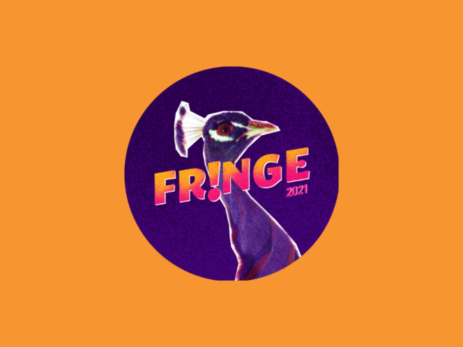 A purple fringe 2021 button with a peacock and orange and pink text