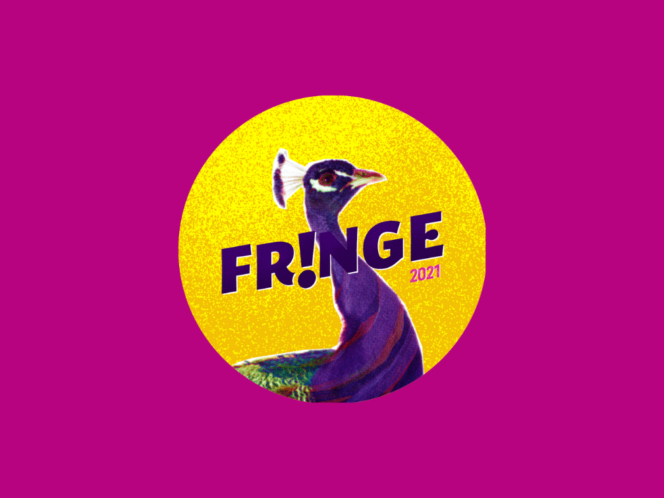 A yellow fringe 2021 button with a purple peacock.