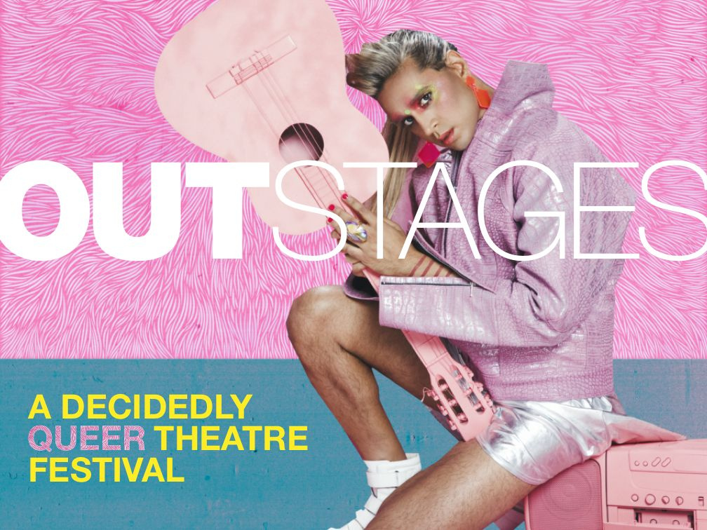 Performer Vivek Shraya is wearing a pink jacket and silver shorts, holding a pink guitar in the air. The background is pink faux fur and teal. Test reads: OUTstages, A decidedly queer theatre festival