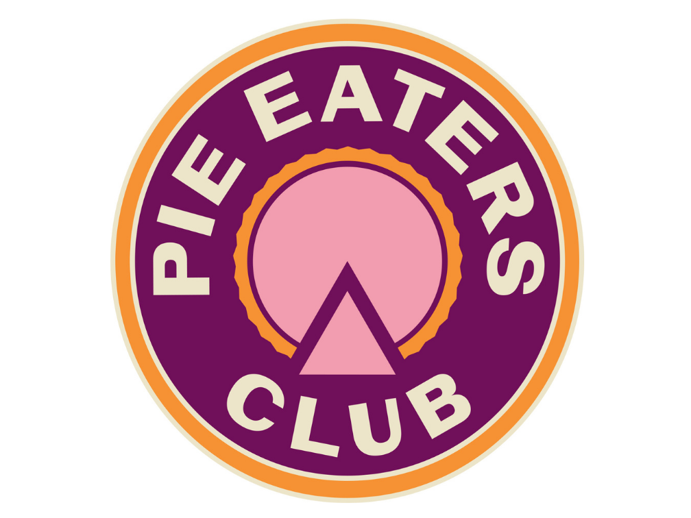 White background with pink, purple, orange logo, text reads: Pie Eaters Club