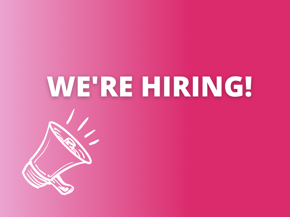 Pink gradient with an illustration of a megaphone. Text reads: We're Hiring!