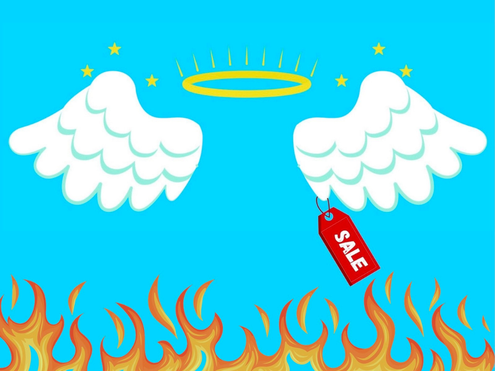 Cartoon style white angel wings and gold halo against bright blue background. Attached at the bottom of the wings is a small bright red tag that reads: “SALE”. At the top are white clouds symbolising heaven and at the bottom are orange and red flames symbolising hell.