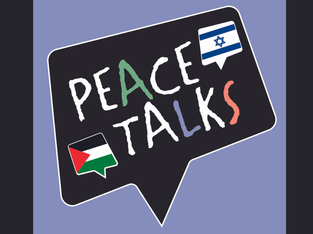 A purple background with the writing 'Peace Talks' in a comic talking box and an Israeli and Palestinian flag