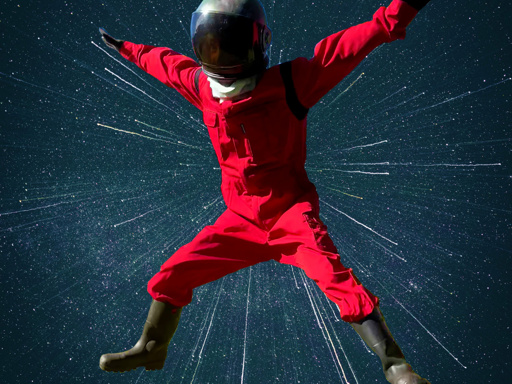 Astronaut in red spacesuit star-jumping in front of exploding comets.