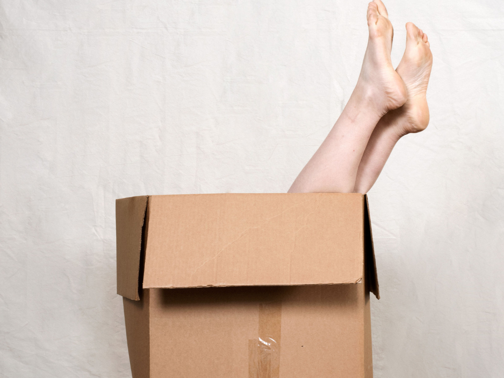 Emily sitting inside a cardboard box with only her feet visible sticking straight up. Against a beige background.