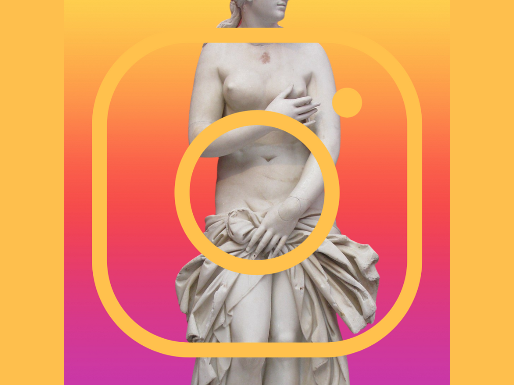 statue of naked woman with instagram logo layered on top with orange & purple background