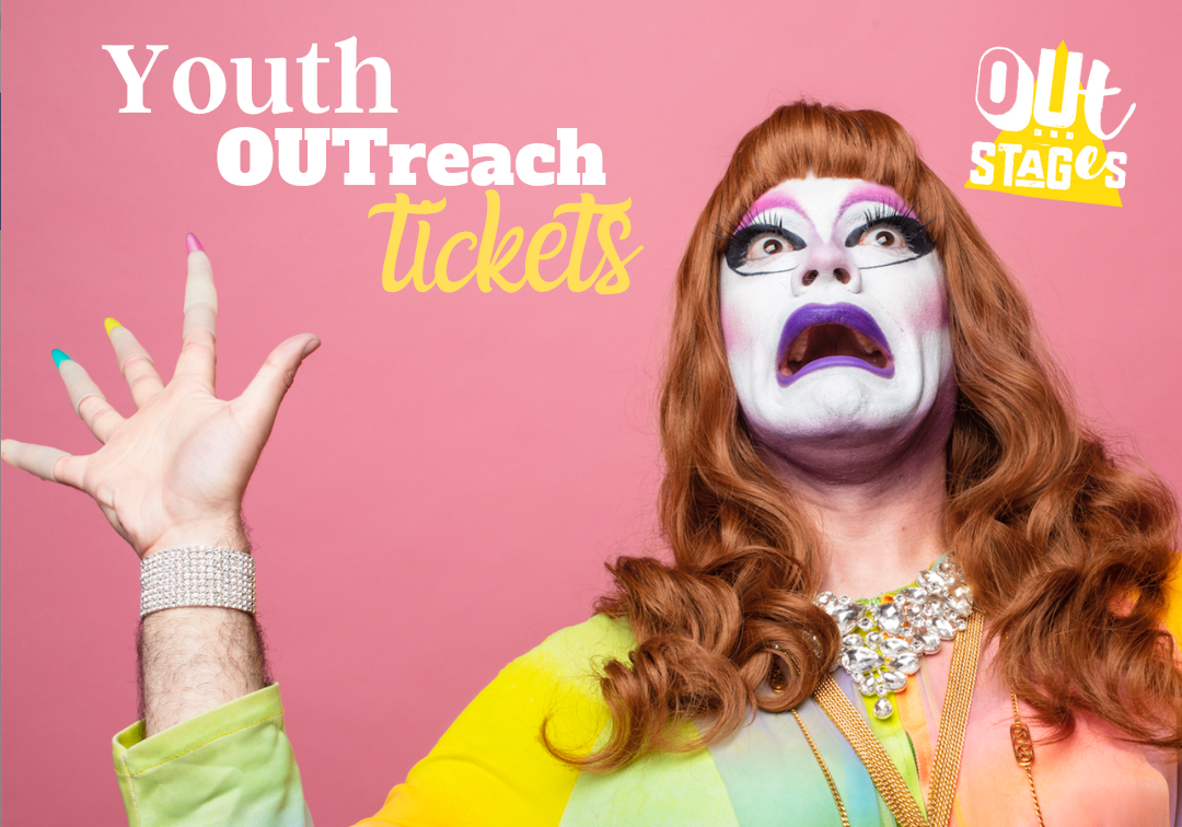 Drag performer Carla Rossi is making an exasperated expression, wearing a multicoloured outfit, long red wig, and stands against a pink wall. Text reads: Youth Outreach Tickets