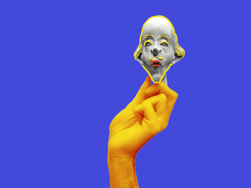 Blue background with a hand holding a small Shakespeare puppet head. The puppet has yellow illustrated highlights and red lips drawn on top, the arm is yellow colour filtered.