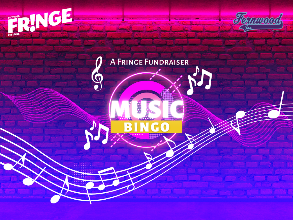A pink and blue gradient on a brick wall with music notes and a pink sound wave. Text reads: A Fringe Fundraiser, Music Bingo.