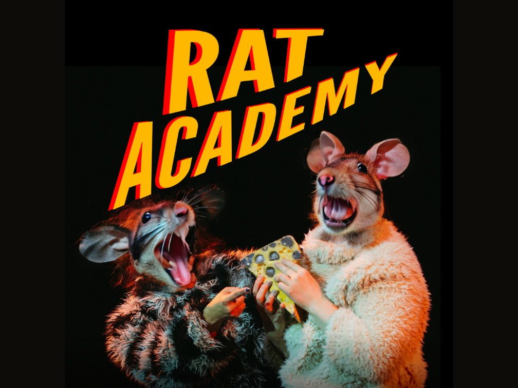 Two actors in rat costumes pose together in front of a black backdrop, yelow text reads: Rat Academy