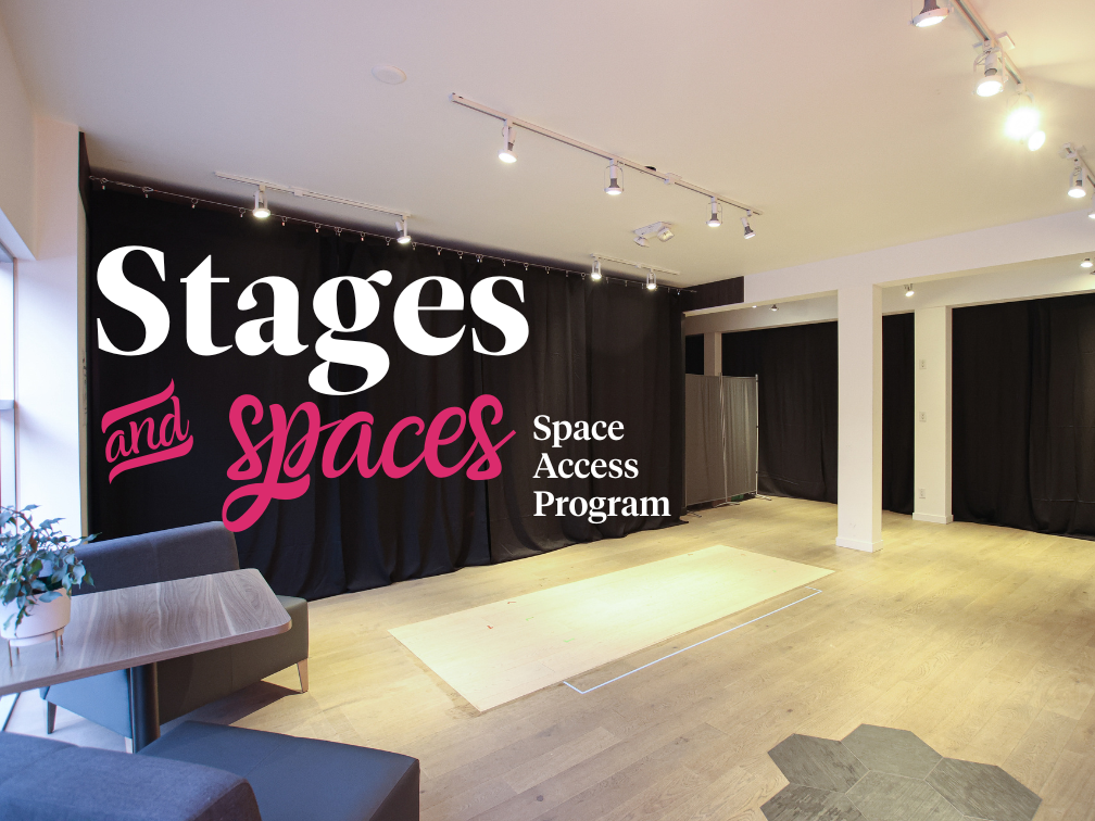 A photo of the Intrepid Hub set up as a rehearsal space, with black curtains and spike tape on the floor. The text reads "Stages and spaces: space access program"