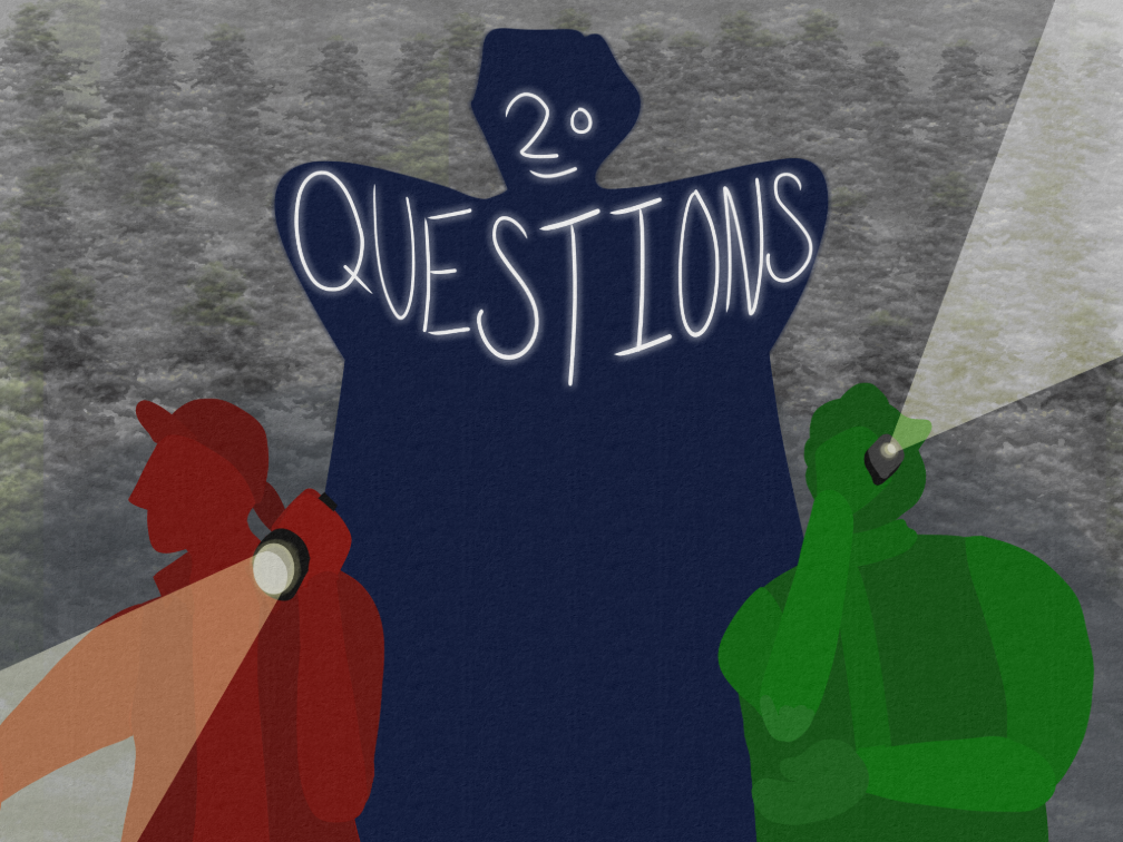 against a gray background stands a large blue figure with a smaller red figure to the left, and a smaller green figure to the right. The red and green figure are pointing flashlights. "20 Questions" is displayed across the blue figure, "20" is the face.