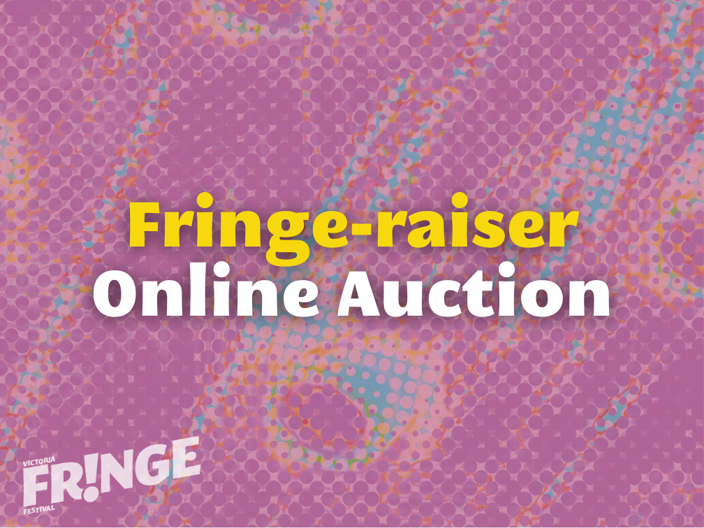 Text says Fringe-raiser online auction over a background of pink and purple designs evocative of peacock feathers.