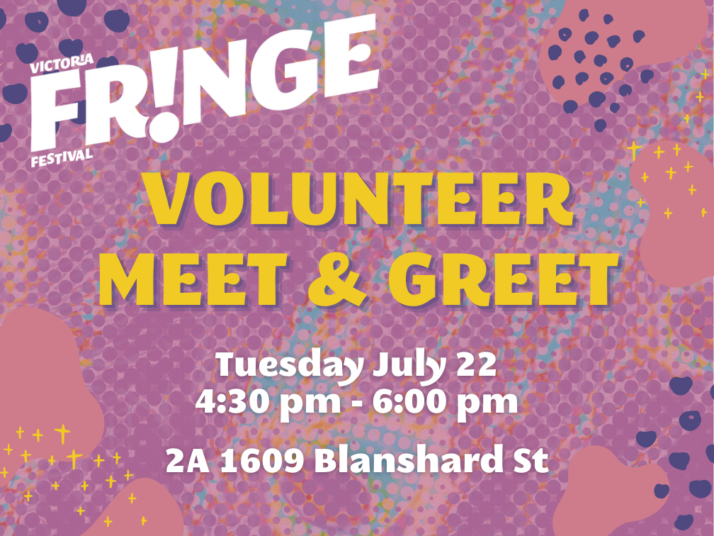 Text says volunteer meet and greet, Tuesday July 22 over a background of pink and purple designs evocative of peacock feathers.