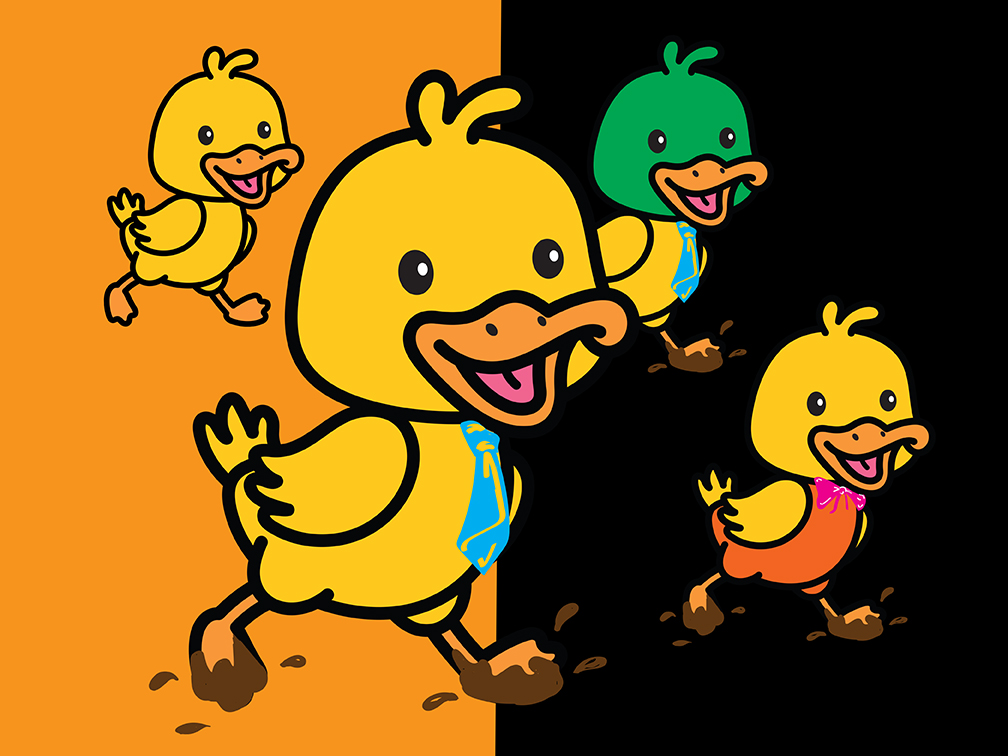 Cartoon ducks running across an orange and black background