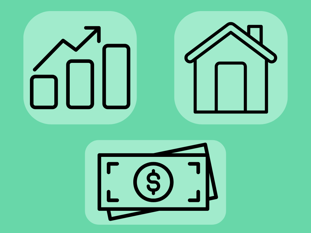An ascending financial chart icon, house icon, and a two-dollar-bill icon set against a teal background.