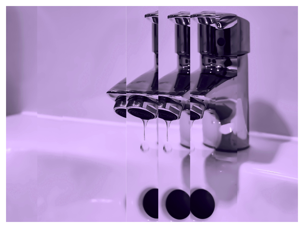 A leaky faucet of a bathroom sink in pink and purple lighting. The sink has been cropped at different sections of the photo and layered beside each section creating a striped collage.