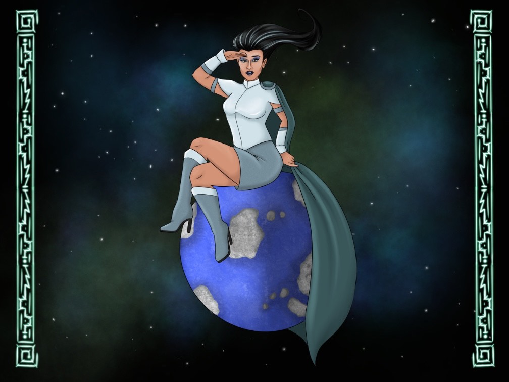 A futuristic space drag queen perched on a the Planet Athefrustaz in front of a nebula, bordered in by a glowing futuristic AI framework