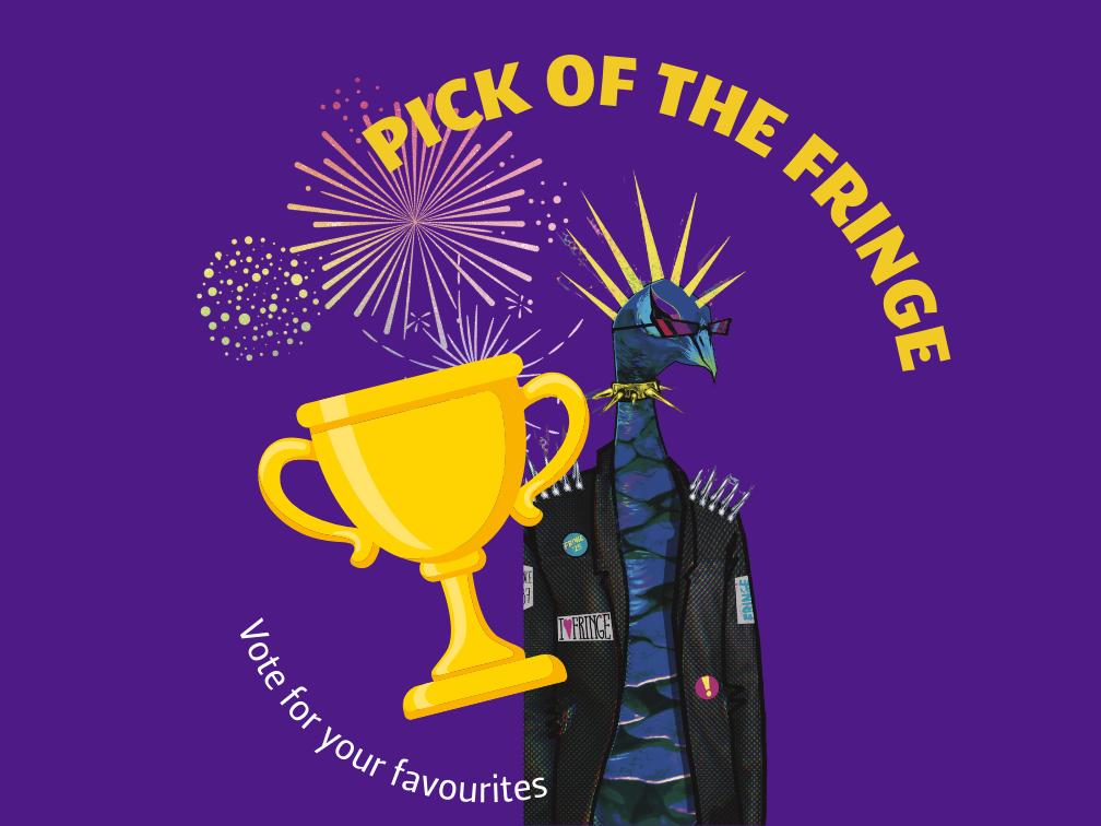 Purple background with Peacock mascot, cartoon trophy and firework illustrations.